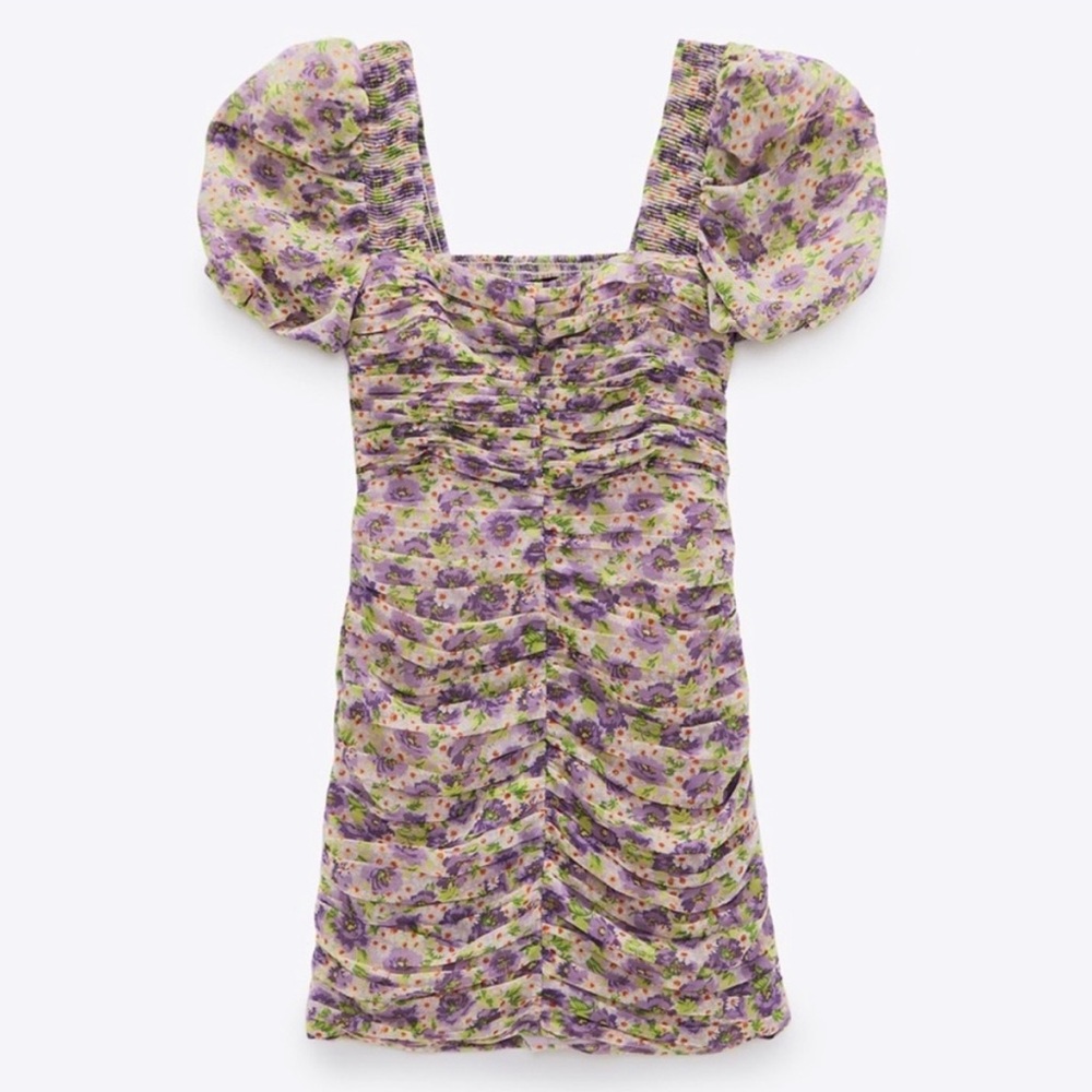 Zara Floral Babydoll Ruched Mini Dress Puff Sleeve Coquette Tea Party Milkmaid